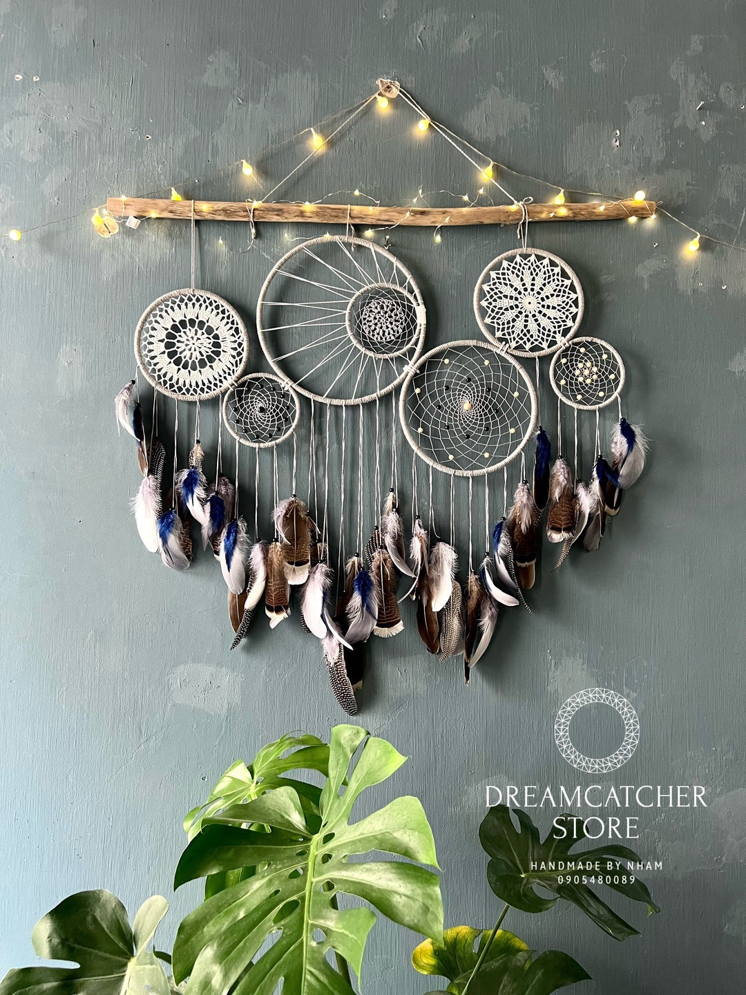 Large Boho Dream Catcher Wall Hanging: Gray & White Feather Decor - Etsy