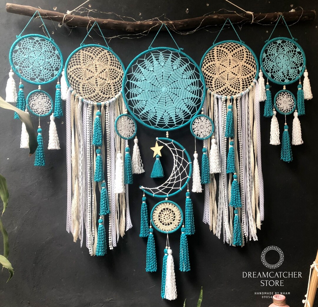 Dream Catcher Macrame Moon and Star Hanging by the Bed, Large Dream