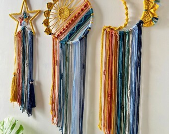 Set Acchiappasogni Macramè Fatti A Mano – Luna E Stella, Decorazione Parete Boho Per Camera Da Letto, Regalo - 4