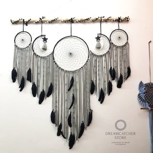 Large Gray Moon & Stars Dreamcatcher: Boho Bedroom Decor