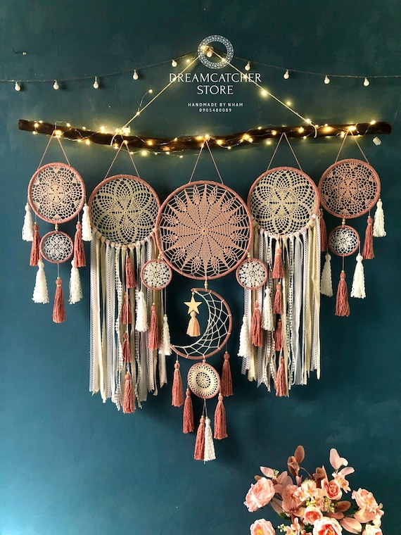 Pink Moon & Stars Dream Catcher Set: Boho Nursery Wall Hanging - Etsy