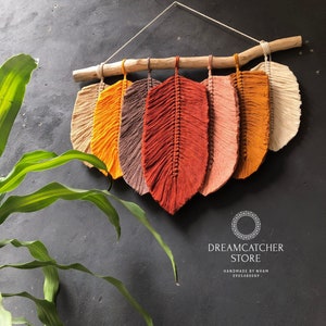 Boho Macrame Feather Wall Hanging: Custom Colors, Woven Cord