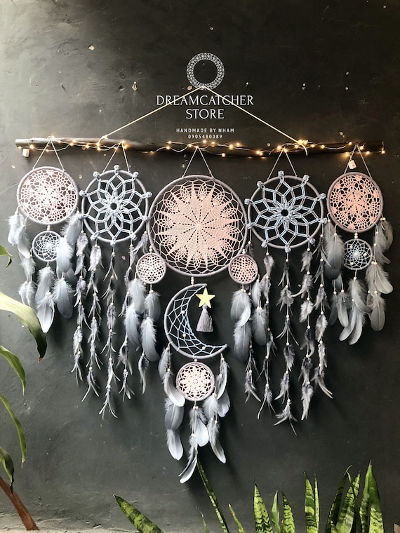 Dreamcatcher Moon and Stars Hanging Over the Bed, Large Dream Dreamcatcher Moon and Stars Hanging Over the Bed, Large Dream