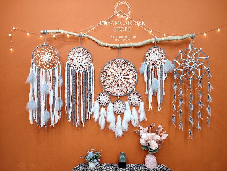 Large wall hanging dreamcatcher set , big dreamcatcher, wall dreamcatcher, bedroom ash dreamcatcher, pretty dreamcatcher, baby bedroom decor gray and white