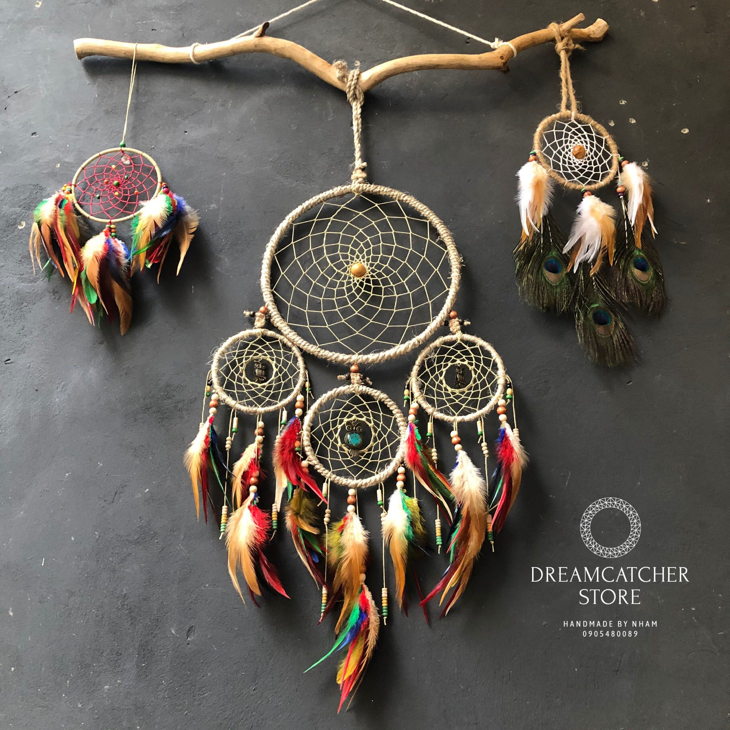 Attrape-Rêves (Dreamcatcher) Fait Main Avec Plumes Et Perles - Longueur 70 Cm - Décoration Murale Chambre, Mariage, Style Bohème