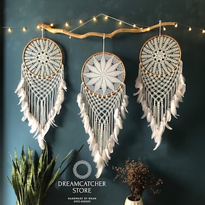 Giant White Dreamcatcher Set: Feather Boho Bedroom Decor