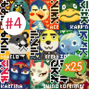 May include: A grid of pixelated character portraits, each in a unique color scheme. The number "4" is in a white circle. A green leaf with "x25" is in the bottom right corner. Each character has a name in a different language.