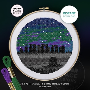 May include: A cross-stitch pattern of Stonehenge under a starry night sky. The pattern is 70 stitches by 70 stitches and is designed for 5 inch Aida cloth with 14 count. The pattern is for instant download and includes DMC thread colors.