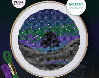 The Sycamore Gap At Night, Hadrians Wall Cross Stitch Pattern DOWNLOAD ISTANTANEO DMC Colours