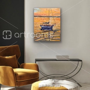 May include: A painting of a sailboat on a calm body of water at sunset. The water is a golden color and the sky is a soft orange. The sailboat is white with a blue hull and has a white sail.