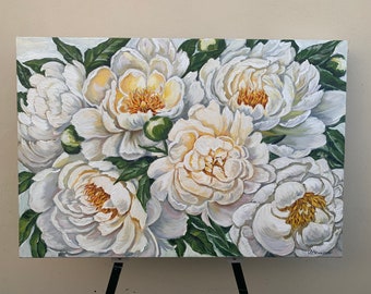 White peonies, Oil Painting, Wall Art, Flower Home Decor, Floral Botanical painting, Peonies Large painting, Flower Art