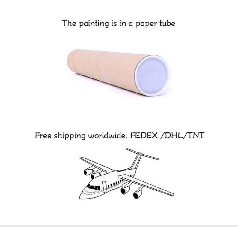 May include: A brown paper tube with a white end cap. The text "The painting is in a paper tube" is above the tube. The text "Free shipping worldwide. FEDEX/DHL/TNT" is below the tube. A black and white illustration of an airplane is below the text.