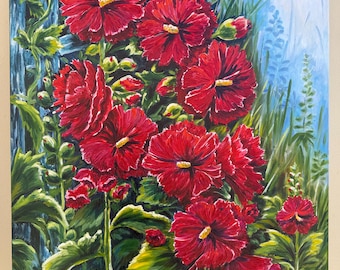 Hollyhocks, Oil Painting, Wall Art, Flower Home Decor, Floral Botanical painting, Large oil painting, Flowers Art, Gift
