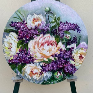 Sweet Lilacsand  peony Oil Painting, size 16 inches in diameter , Wall Art, Flower Home Decor, Floral, Peony art
