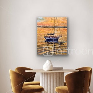 May include: A painting of a sailboat on a body of water at sunset. The water is a deep blue and the sky is a vibrant orange and yellow. The sailboat is white with a blue hull and has a brown mast and sails.