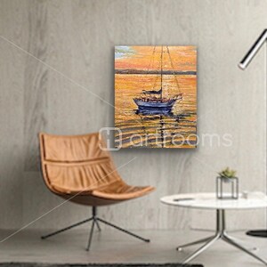 May include: A painting of a sailboat on a calm body of water at sunset. The sky is a vibrant orange and yellow, and the water is a deep blue. The sailboat is white with a blue hull and has a white sail. The painting is framed and ready to hang.