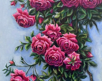 Pintura al óleo de rosas rosadas, arte mural floral botánico