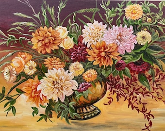 Dahlias Symphony, Original Dahlia Oil Painting, Floral Botanical Wall Art (24x36 inches)