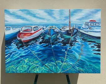 Original Seascapes Oil Painting, Boat Reflection Art (24x36 inches)