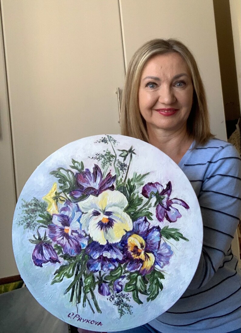 Sweet Pansies , Oil Painting, Size 16 Inches in Diameter , Wall Art