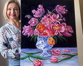 Original Tulip Oil Painting, Floral Botanical Art, 30x24 inches