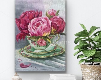 Peonies in Cup, Original Oil Painting, Floral Still Life