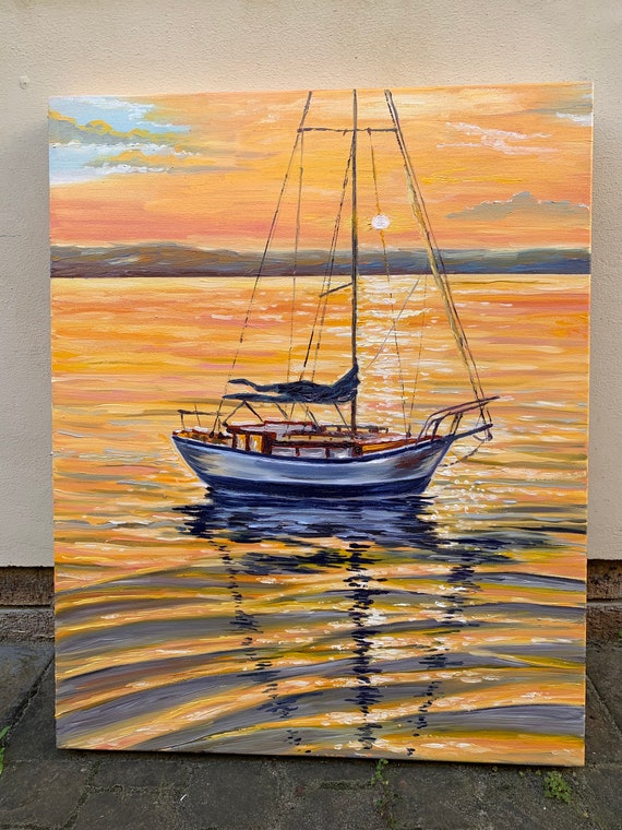 Sunset sail, seascapes oil painting, seascapes art, marine art, Wall Art, Gift, Ocean painting , Dinning room Art, size 30x24 inches