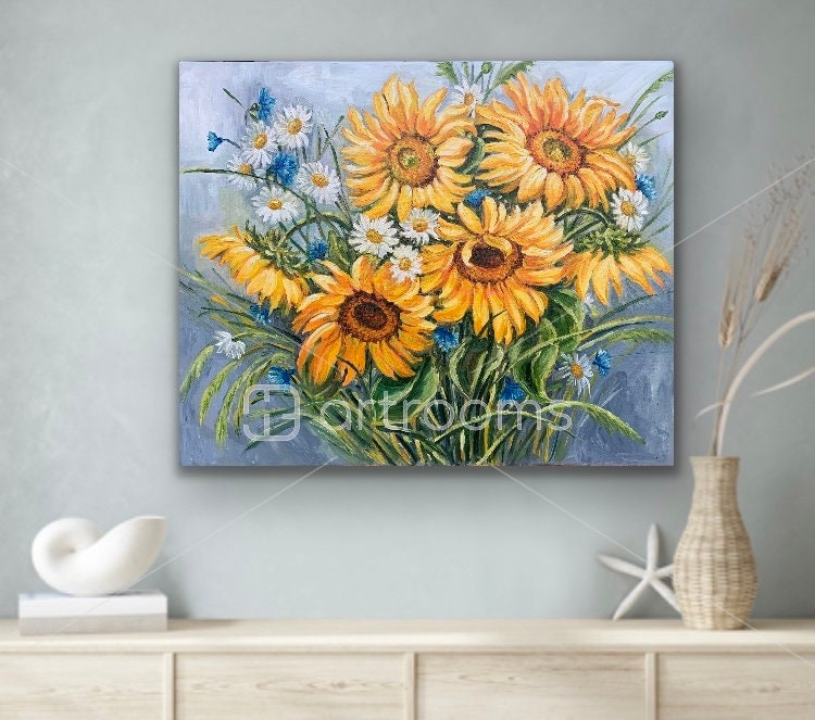 Sunflowers Bouquet Oil Painting Wall Art Flower Home - Etsy