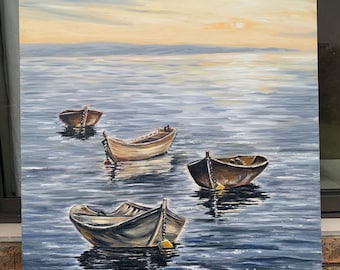Fishing Boats Seascape Oil Painting, Marine Art (40x30 inches)