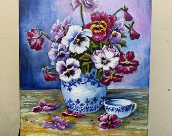 Sweet Pansies Oil Painting, Floral Botanical Art