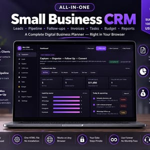 May include: A laptop displaying a dark-themed Small Business CRM dashboard with purple accents. The screen shows sections for leads, pipeline, invoices, and tasks. Text includes All-in-One Small Business CRM, No Subscription, and Less Chaos More Business.