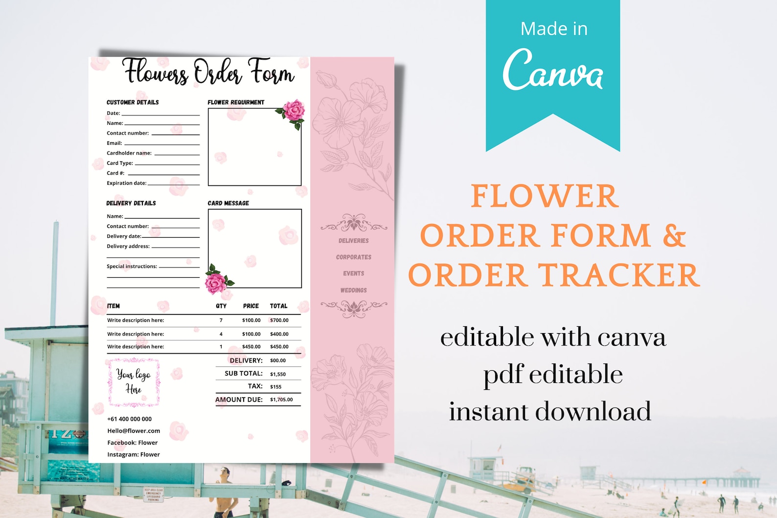 Flower Order Form order tracker Editable Text PDF/ Canva Etsy España