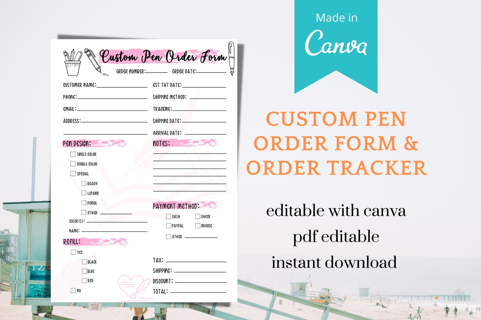 Custom Pen Order Form Order Tracker Editable Text PDF / Etsy