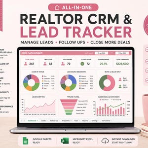 May include: A digital realtor CRM and lead tracker dashboard displayed on a laptop screen. The interface features charts, graphs, and metrics for managing leads, follow-ups, and deals. Text includes ALL-IN-ONE REALTOR CRM & LEAD TRACKER.