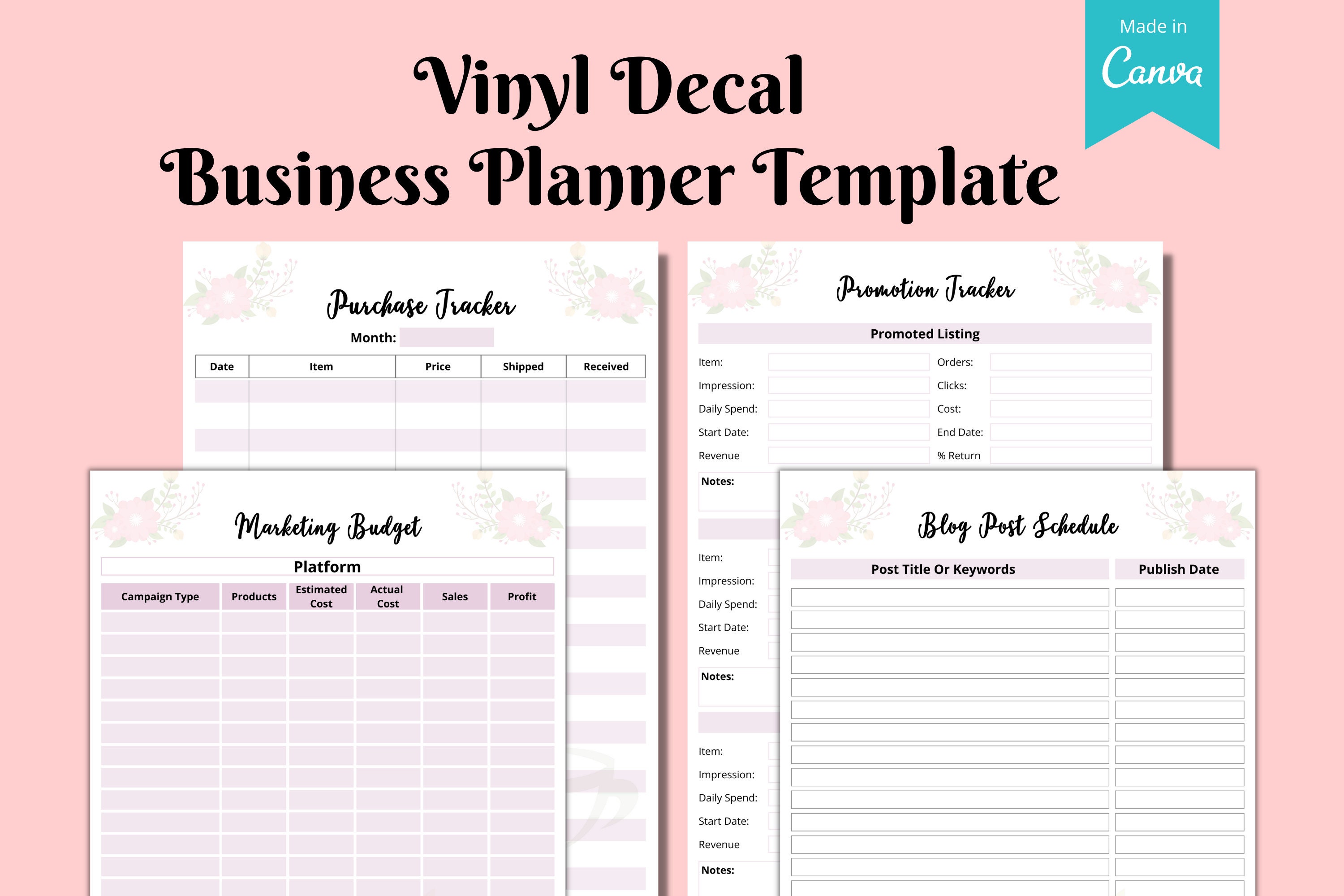 Vinyl Decal Business Planner Template Order form Invoice | Etsy