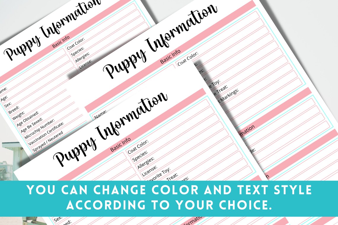 New Puppy Information Printable Template Pet Care Printable | Etsy
