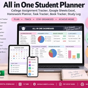 Peut inclure: Un modèle numérique de planificateur étudiant tout-en-un affiché sur un ordinateur portable, une tablette et un smartphone. Le tableau de bord comprend un suivi des devoirs, un budget et un emploi du temps. Inclut des icônes Google Sheets et Excel.