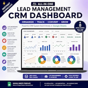 May include: A digital lead management CRM dashboard template for Google Sheets displayed on a laptop screen. The interface features data visualizations including line graphs, bar charts, and pie charts, alongside metrics for total leads, conversion rates, and pipeline values.