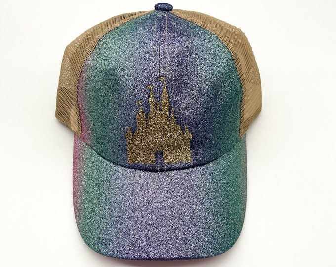 Featured listing image: Disney World 50th Anniversary Disney Castle Inspired CC Beanie High Ponytail Messy Bun Tie Dye Youth Adult Women Disney Trucker Hat Cap