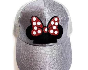 Half Minnie Mouse Head Disney Inspired High Ponytail Youth Adult Women Walt Disney Mickey Mouse Fitted Trucker Hat Cap