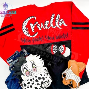 Cruella Bösewicht You Fools You Idiots Disney Jersey Shirt, Cruella De Vil 101 Dalmatiner Disney Halloween MNSSHP Schurken Jersey Shirt Black/Red