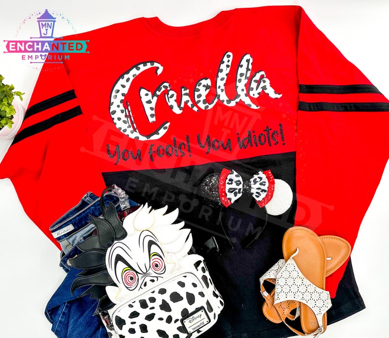 Cruella Bösewicht You Fools You Idiots Disney Jersey Shirt, Cruella De Vil 101 Dalmatiner Disney Halloween MNSSHP Schurken Jersey Shirt Black/Red