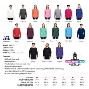 May include: A size chart for a long-sleeved t-shirt with a variety of color options. The chart shows the measurements in inches for the body length, body width, and sleeve length for sizes XS, S, M, L, XL, and 2XL.