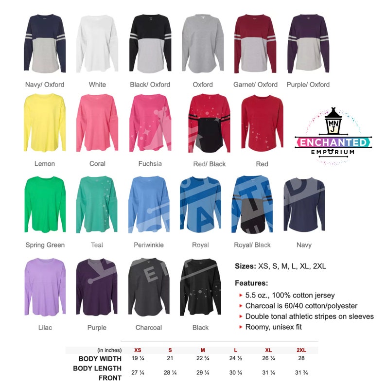 May include: A chart showing 16 different color variations of a long-sleeved t-shirt with athletic stripes on the sleeves. The t-shirt is available in sizes XS, S, M, L, XL, and 2XL. The t-shirt is made of 5.5 oz., 100% cotton jersey. The charcoal color is 60/40 cotton/polyester. The t-shirt has a roomy, unisex fit.