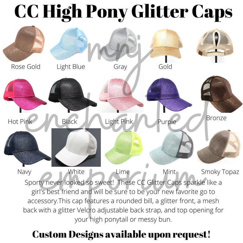 Op de afbeelding: Tien verschillende kleuren glitter high pony caps. De caps zijn gemaakt van mesh en hebben een glitterfront, een afgeronde klep en een verstelbare glitter klittenband achterband. De caps hebben een opening aan de bovenkant voor een paardenstaart of een rommelige knot. Aangepaste ontwerpen zijn op aanvraag beschikbaar.