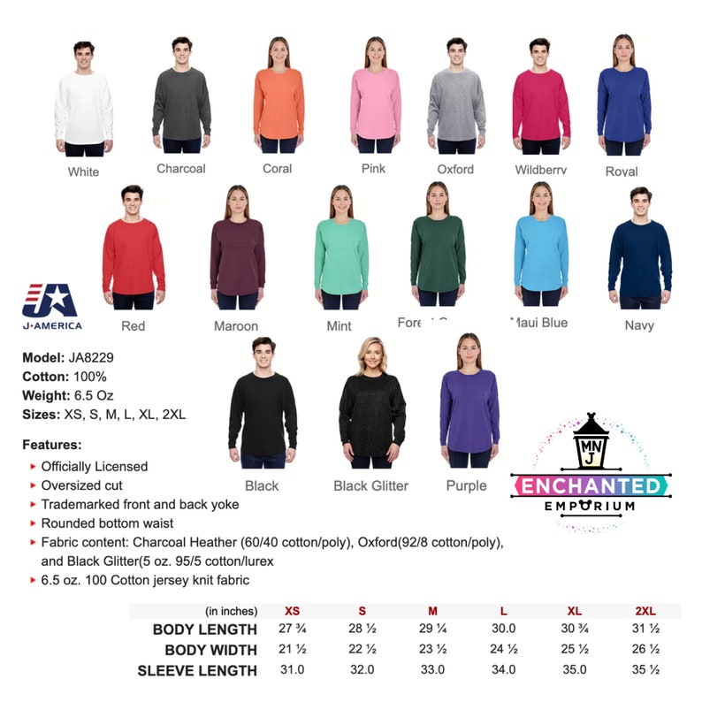 May include: A size chart for a long-sleeved t-shirt with a variety of colour options. The chart shows the measurements in inches for the body length, body width, and sleeve length for sizes XS, S, M, L, XL, and 2XL.