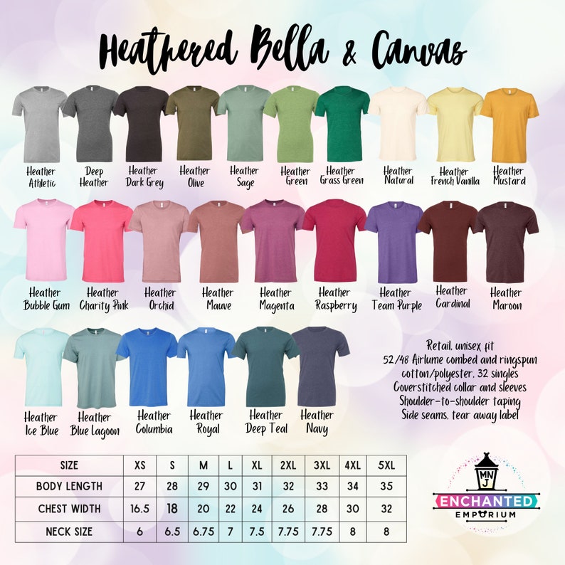 Puede incluir: Un gr&aacute;fico que muestra los diferentes colores de las camisetas Bella + Canvas. El gr&aacute;fico incluye el nombre del color, la talla, la longitud del cuerpo, el ancho del pecho y el tama&ntilde;o del cuello. Las camisetas est&aacute;n hechas de una mezcla de algod&oacute;n y poli&eacute;ster peinado y hilado en anillo 52/48.