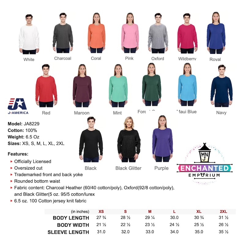 May include: A size chart for a long-sleeved t-shirt with a variety of color options. The chart shows the measurements in inches for the body length, body width, and sleeve length for sizes XS, S, M, L, XL, and 2XL.