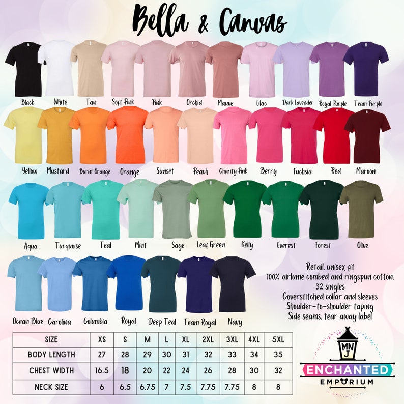 Puede incluir: Un gr&aacute;fico que muestra los colores y las tallas de las camisetas unisex Bella + Canvas. El gr&aacute;fico incluye 32 colores, que van del negro al oliva, y tallas desde la XS hasta la 5XL. El gr&aacute;fico tambi&eacute;n incluye informaci&oacute;n sobre el material de la camiseta, que es 100% algod&oacute;n peinado y ringspun, y los detalles de construcci&oacute;n, como el cuello y las mangas con puntadas de cobertura, la costura de hombro a hombro y las costuras laterales con una etiqueta que se puede quitar.