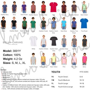 May include: A product display featuring a variety of youth t-shirts in various colors, including red, blue, and black. The shirts are made of 100% cotton and come in sizes S, M, L, and XL. The brand is Bella+Canvas.